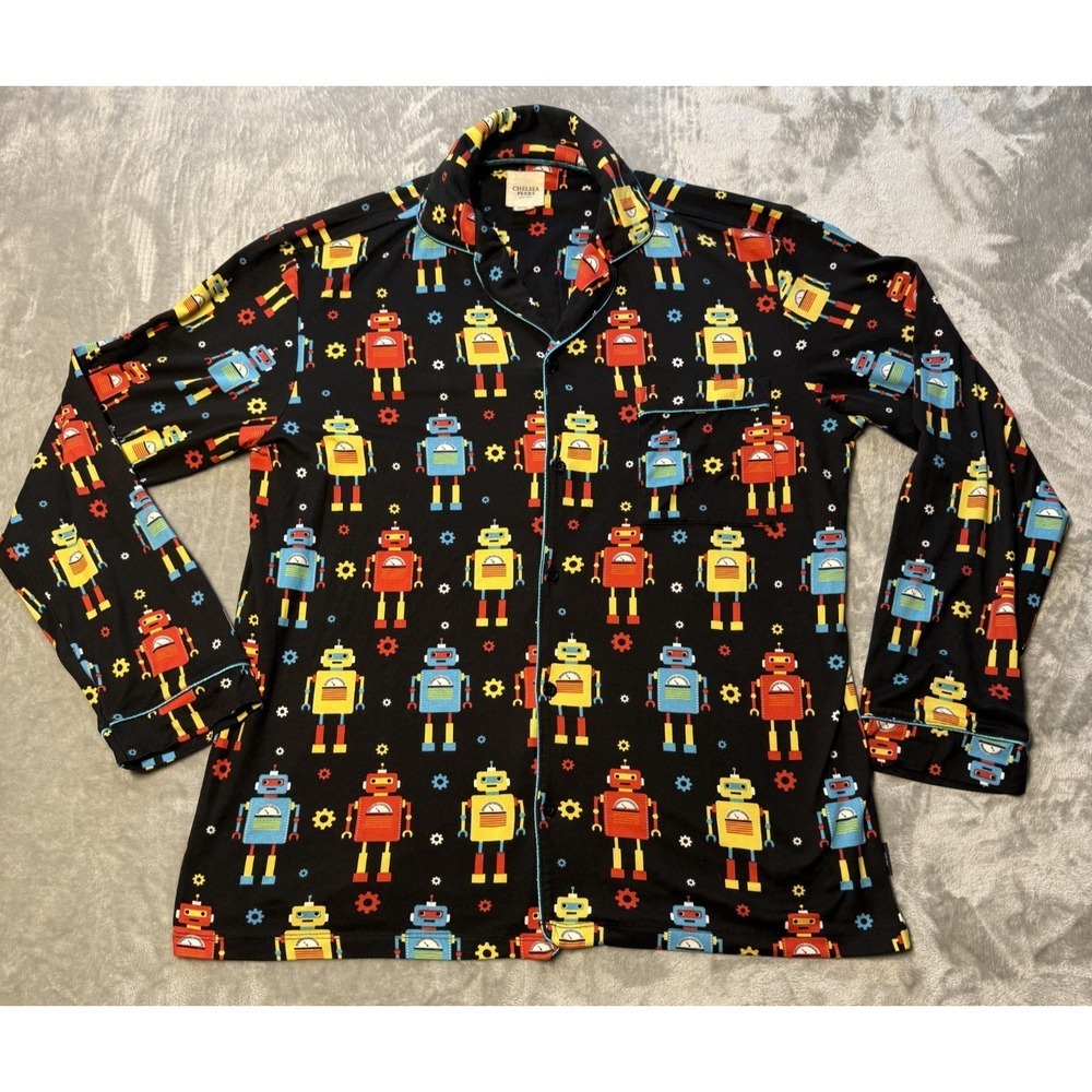 Chelsea Peers New York Men's Pajama Top Medium Robot Print Button Up Sleep Shirt